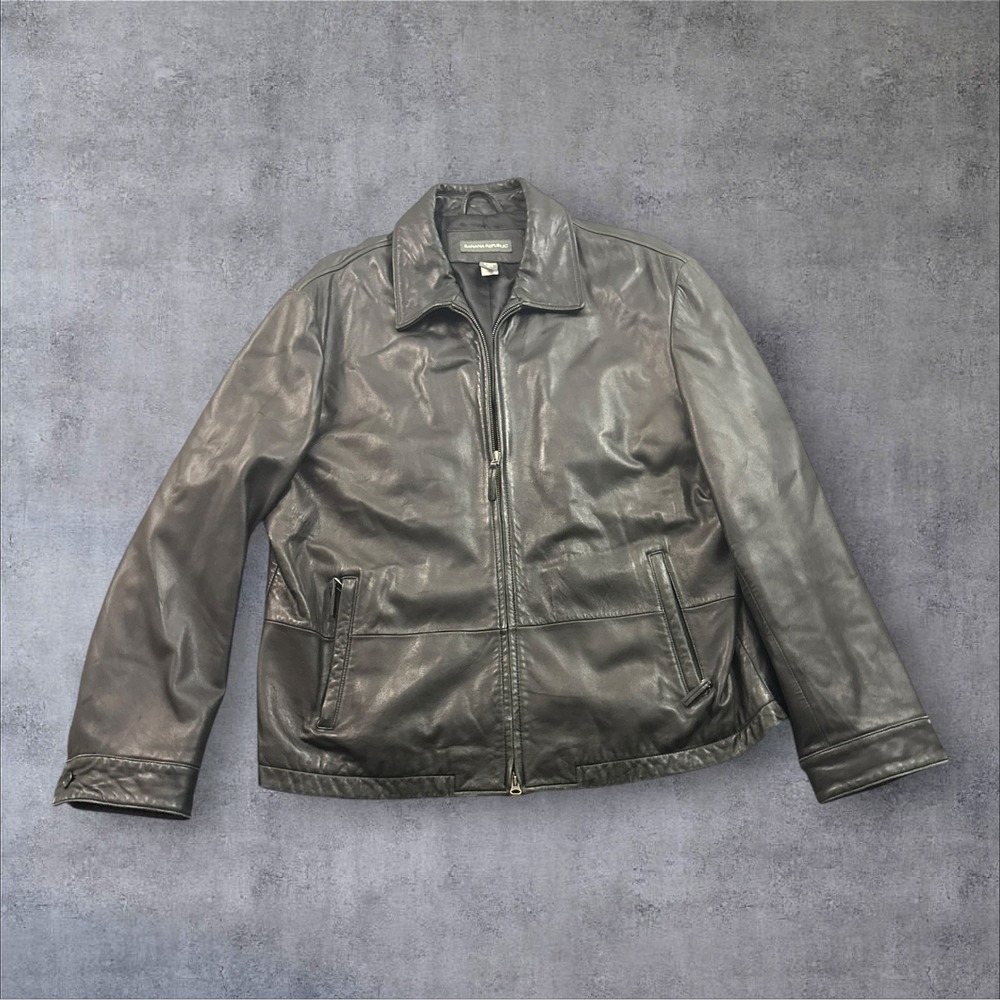Banana Republic Leather Jacket Mens XL Black Full Zip Harrington Soft Distressed
